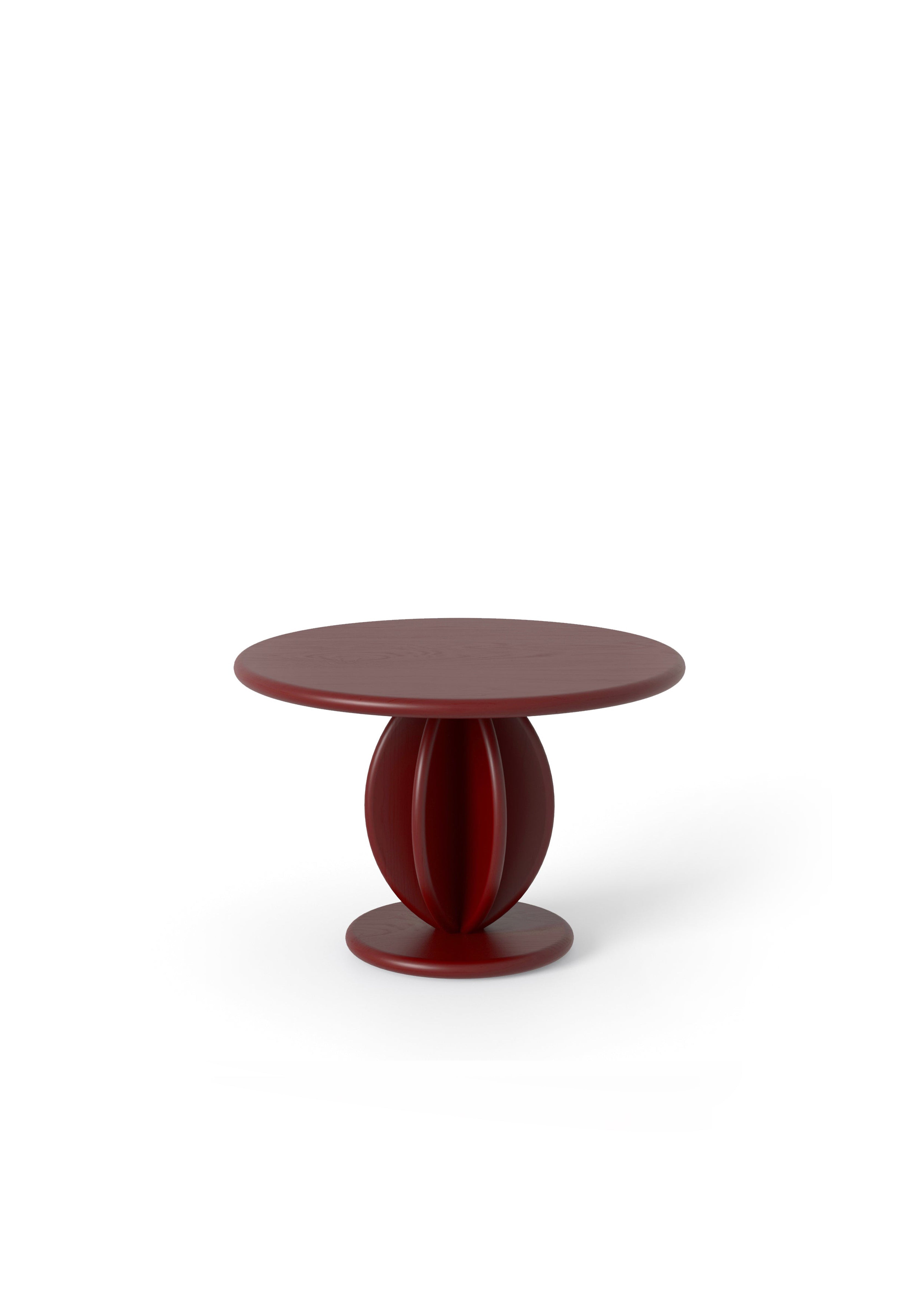 Bordowy stolik z okrągłym blatem i dwiema białymi wazami na blacie