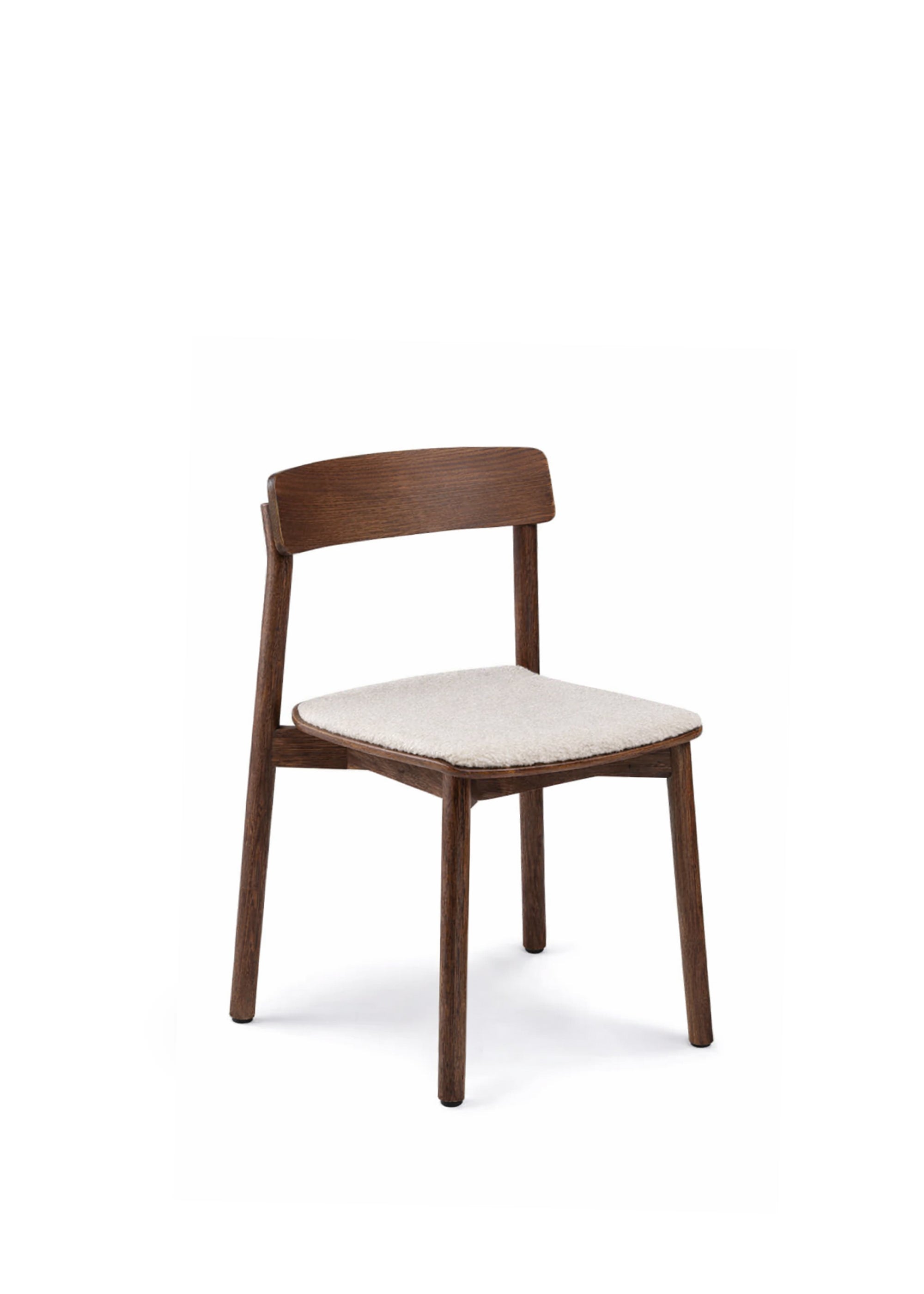 Drewniane krzesło z tapicerowanym siedziskiem w minimalistycznym stylu.