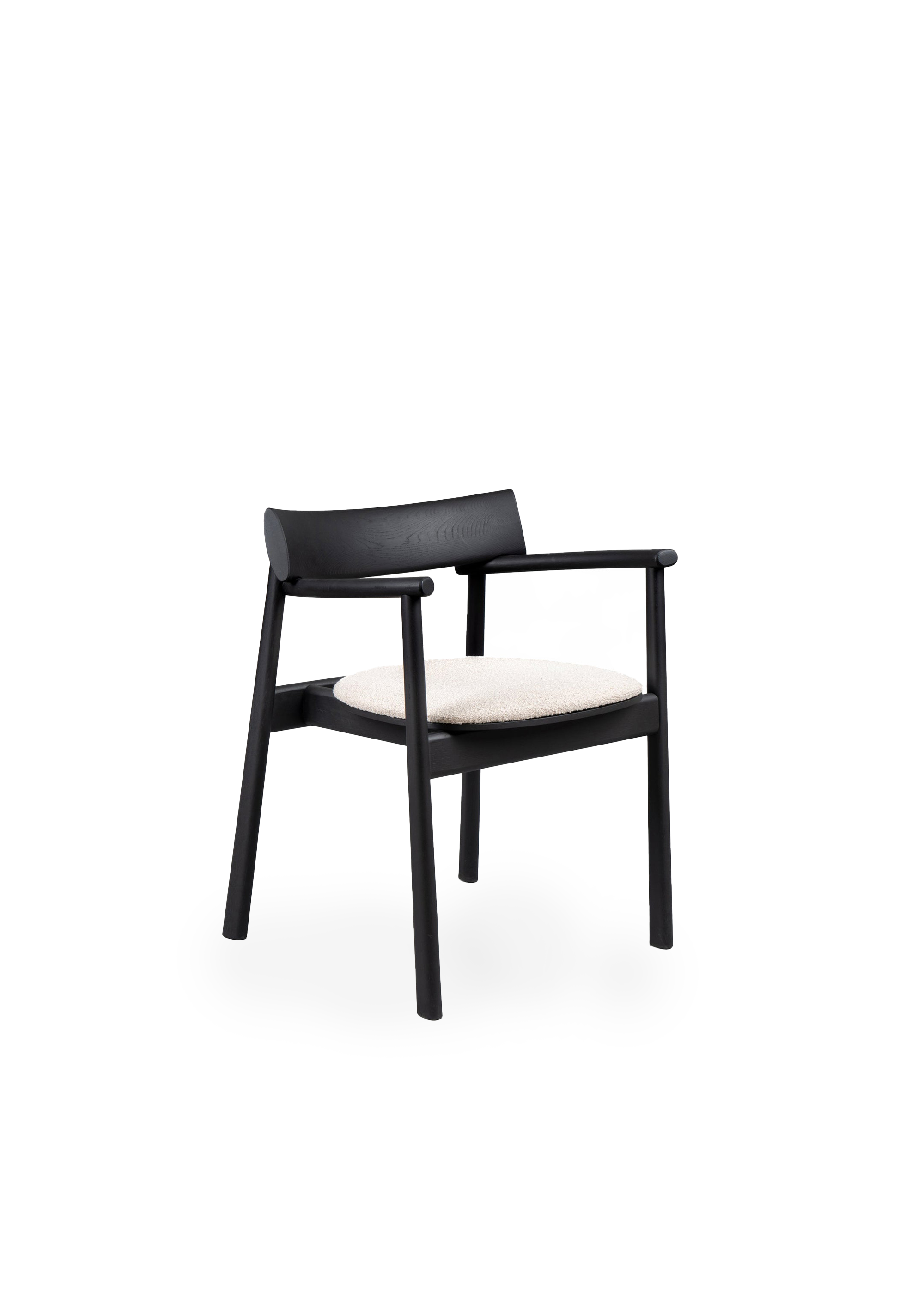 Chaise en bois noir avec dossier incurvé et assise en tissu clair