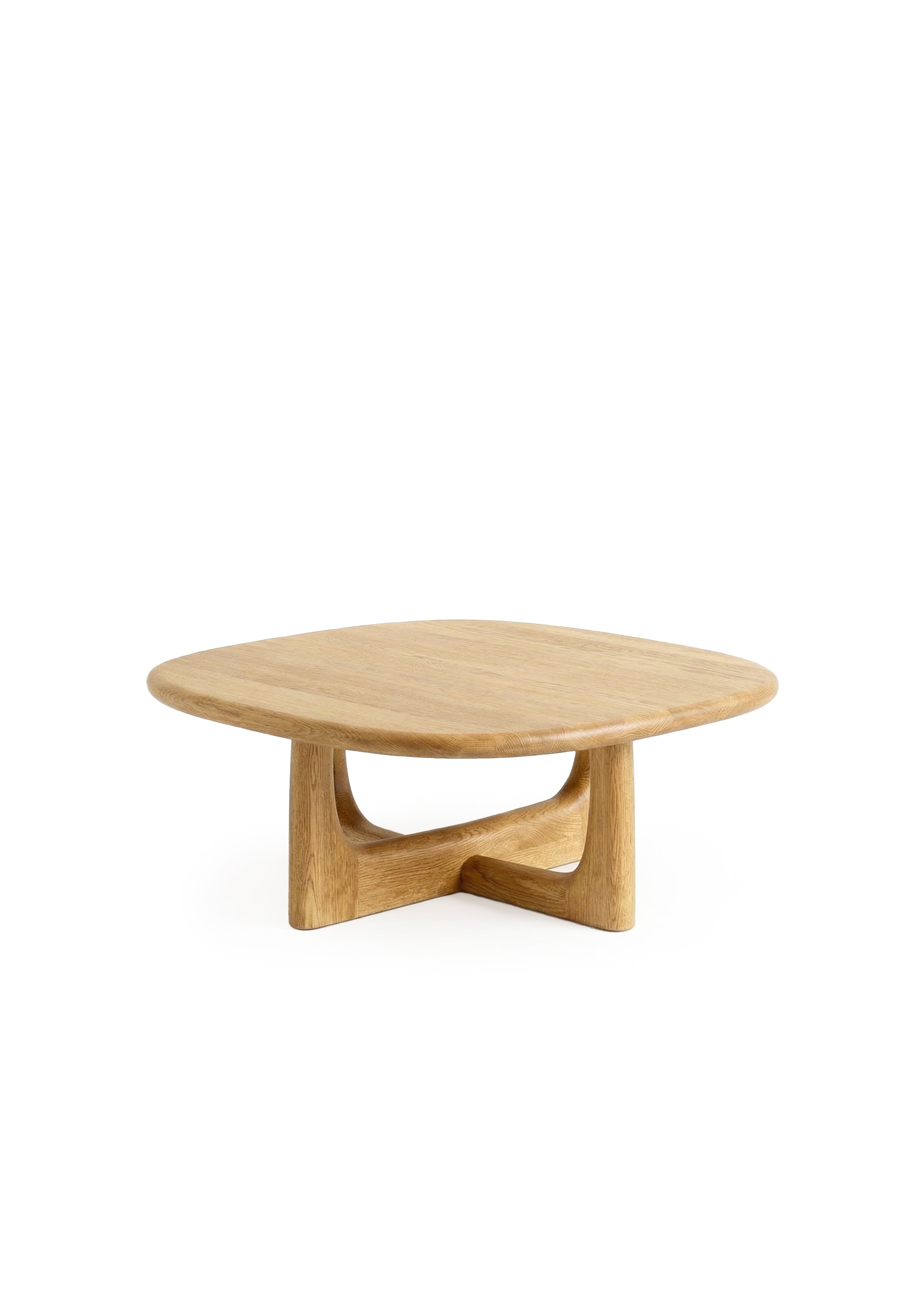 Rzeźbiony stolik kawowy z jasnego dębu z zaokrąglonym kwadratowym blatem i zakrzywioną, krzyżującą się podstawą.