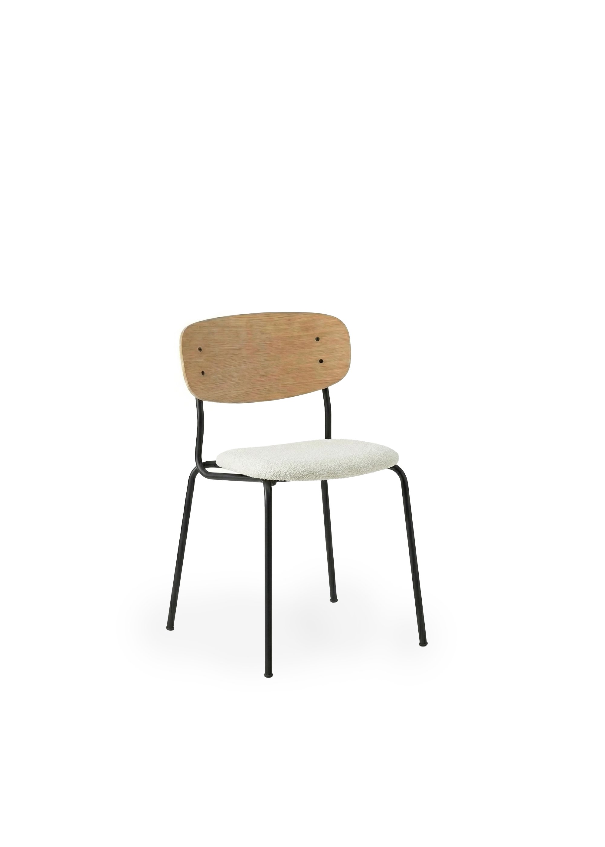 Jasne drewniane krzesło do jadalni z zakrzywionym oparciem i czarnymi metalowymi nogami ustawione obok ciemnego drewnianego stołu z żłobkowanymi nogami